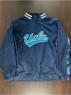 UCLA Navy Script Bomber Jacket with Striped Collar